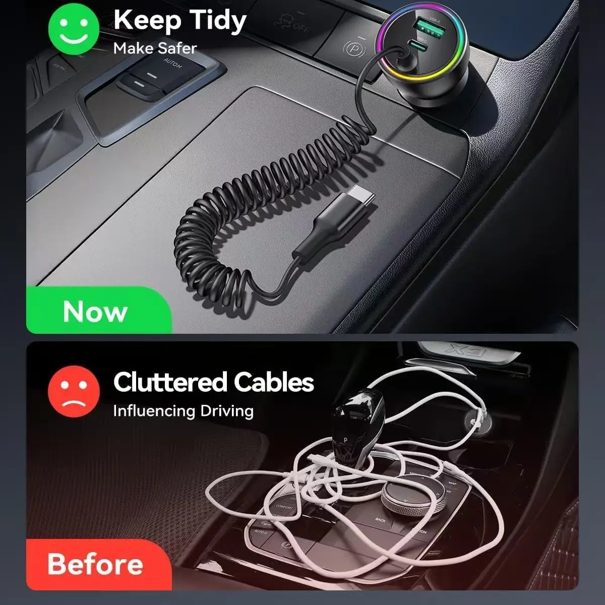 Three-in-One Car Charger with USB-C & Lightning Ports