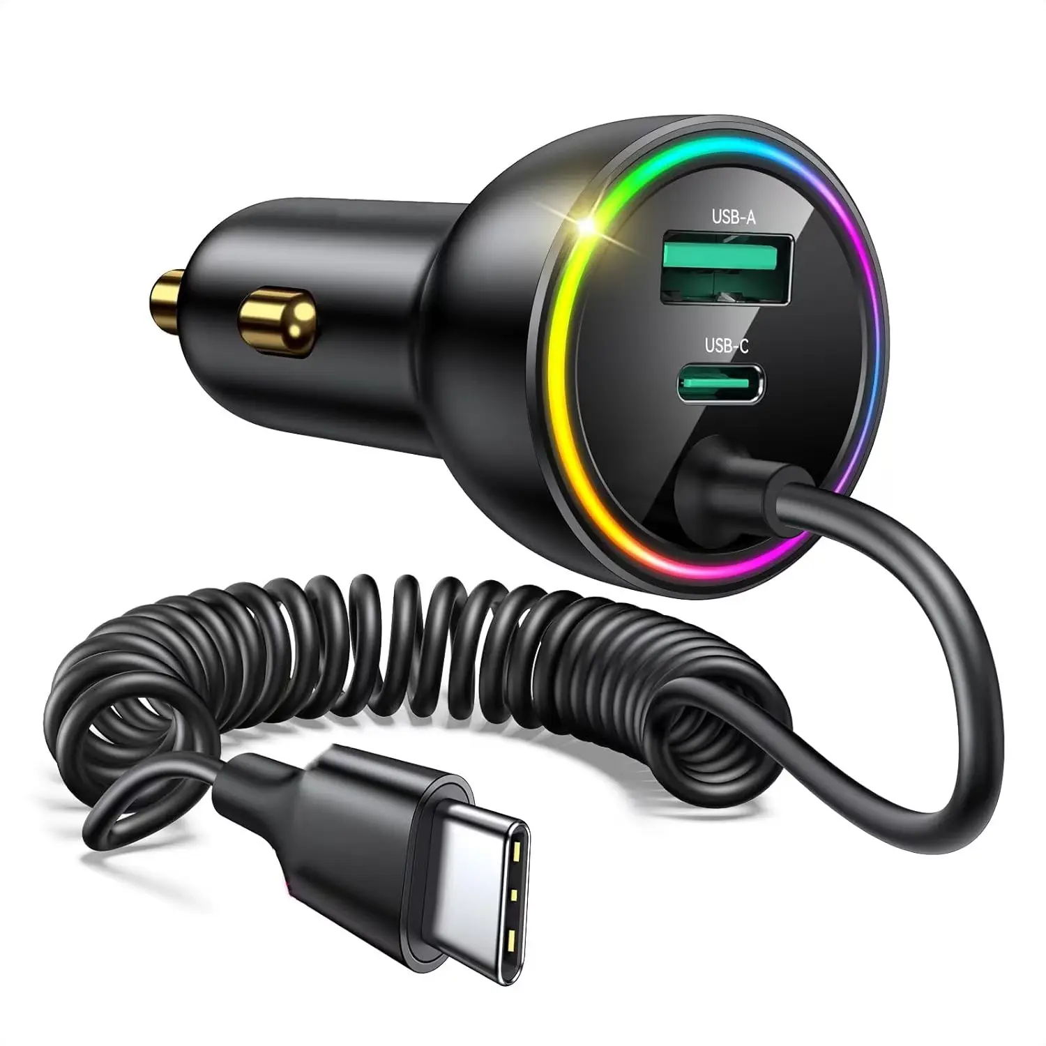 Three-in-One Car Charger with USB-C & Lightning Ports