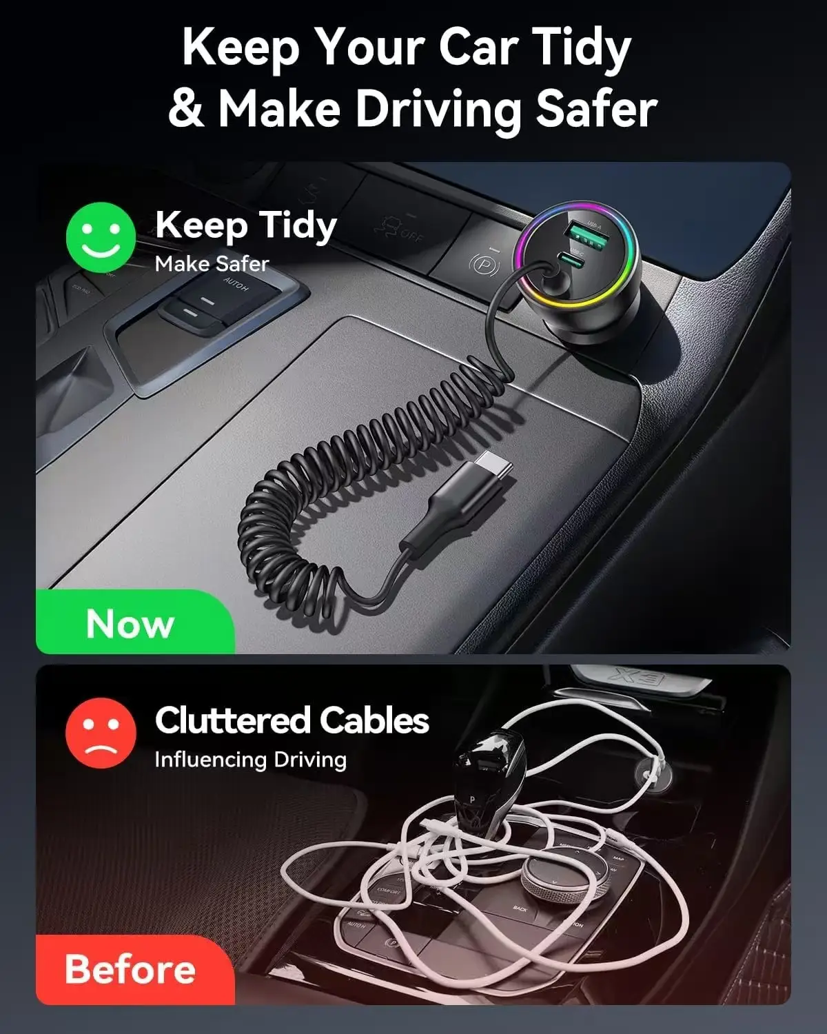 Three-in-One Car Charger with USB-C & Lightning Ports — feature 2