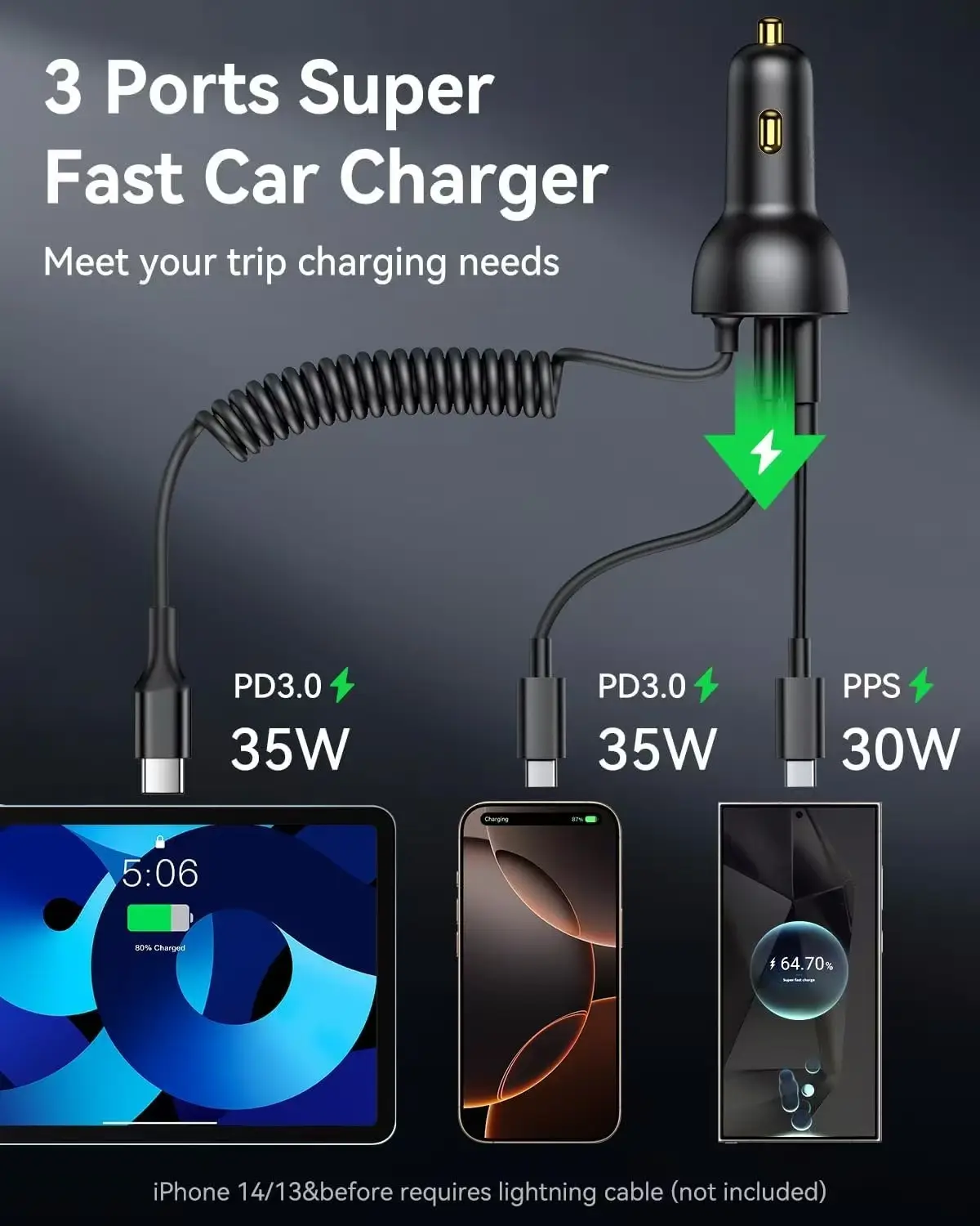 Three-in-One Car Charger with USB-C & Lightning Ports — feature 4