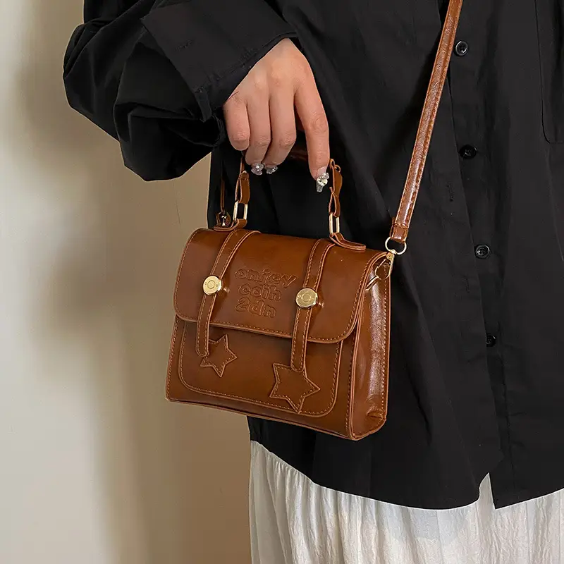 Women Textured Leather Shoulder Bag Brown British Style - Image 7