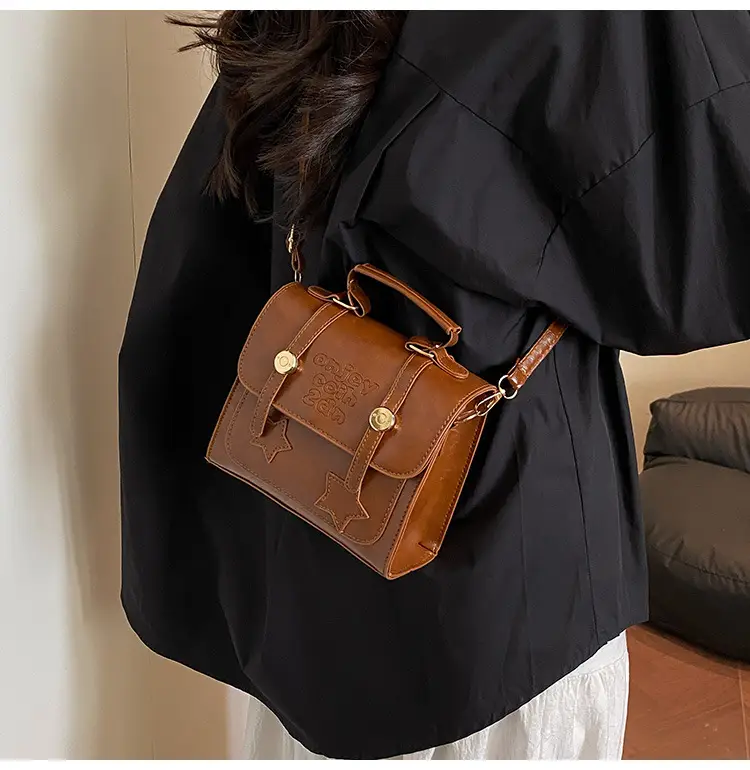 Women Textured Leather Shoulder Bag Brown British Style — feature 6