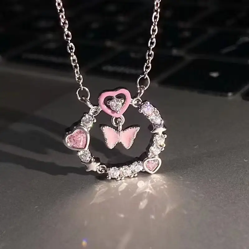 Pink Heart Butterfly Necklace for Women