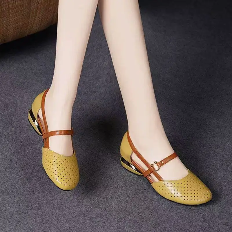 Baotou sandals summer new leather shoes mother shoes round toe mid heel soft bottom non-slip hollow breathable women's hole sandals - Image 5