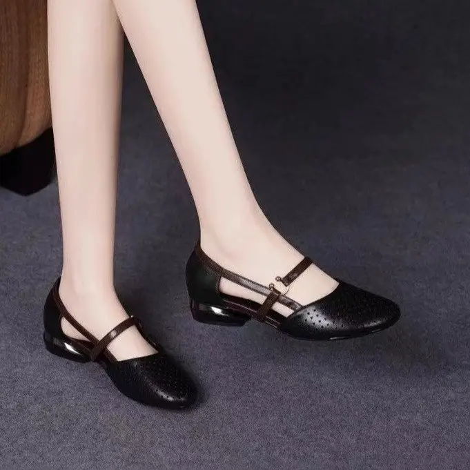 Baotou sandals summer new leather shoes mother shoes round toe mid heel soft bottom non-slip hollow breathable women's hole sandals - Image 6