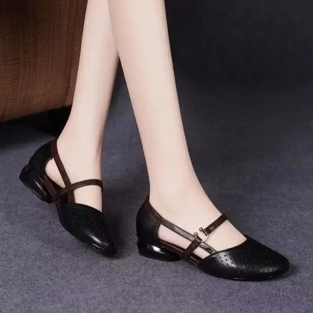 Baotou sandals summer new leather shoes mother shoes round toe mid heel soft bottom non-slip hollow breathable women's hole sandals - Image 7