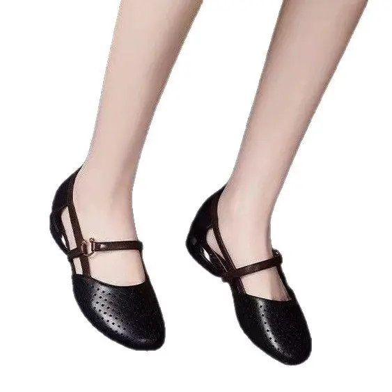 Baotou sandals summer new leather shoes mother shoes round toe mid heel soft bottom non-slip hollow breathable women's hole sandals - Image 8