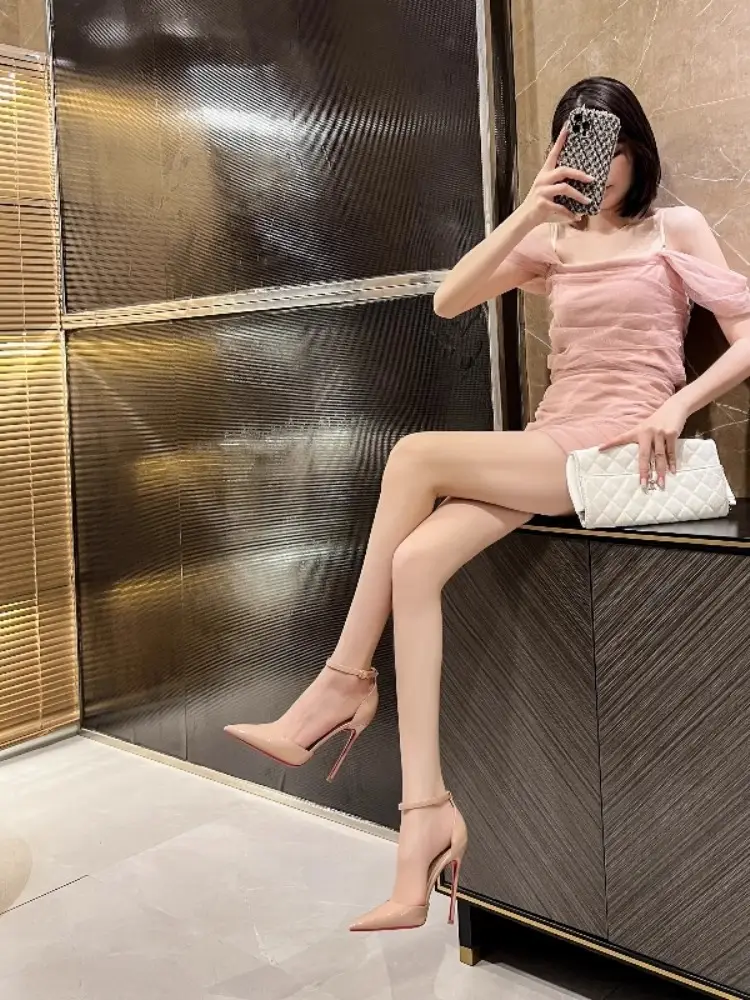 2026 Spring/Summer New Style Sexy Hollow-Out One-Strap Buckle Elegant Nude Red Sole High Heels Women's Thin Heel Pointed Toe Shoes — feature 18