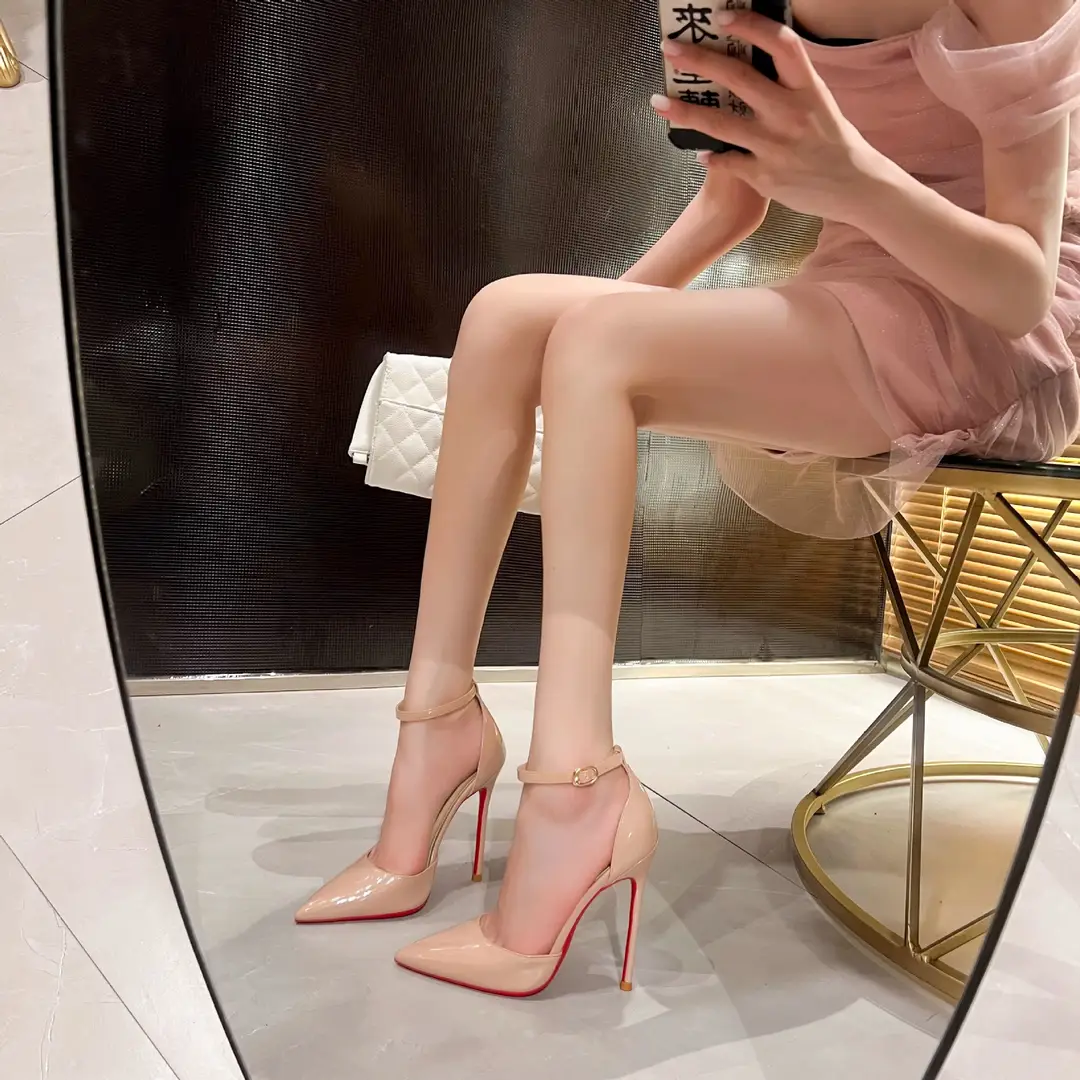 2026 Spring/Summer New Style Sexy Hollow-Out One-Strap Buckle Elegant Nude Red Sole High Heels Women's Thin Heel Pointed Toe Shoes - Image 3