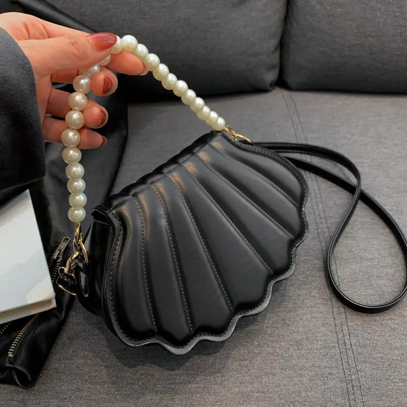 Pearl Chain Shell Bag for Women Black 2023 - Image 4