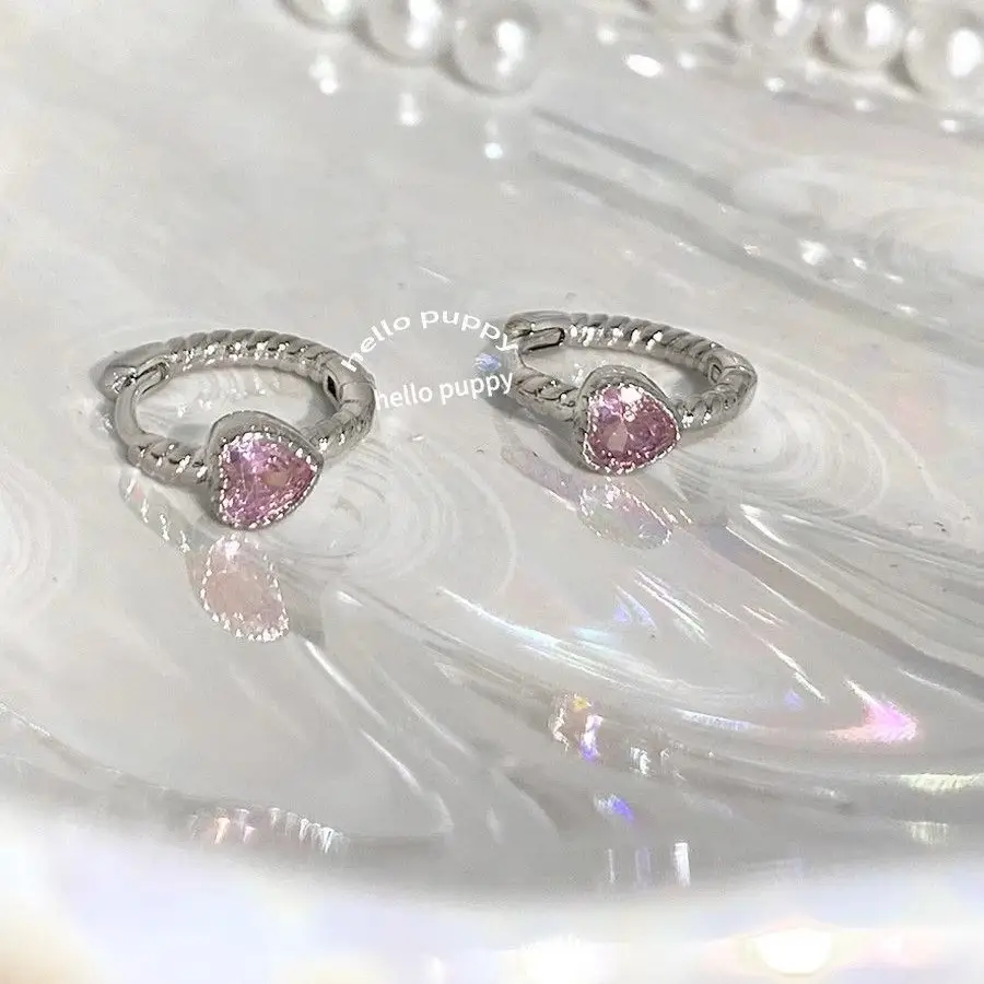 Pink Love Zircon Twist Ear Buckle Niche Design Women's Jewelry