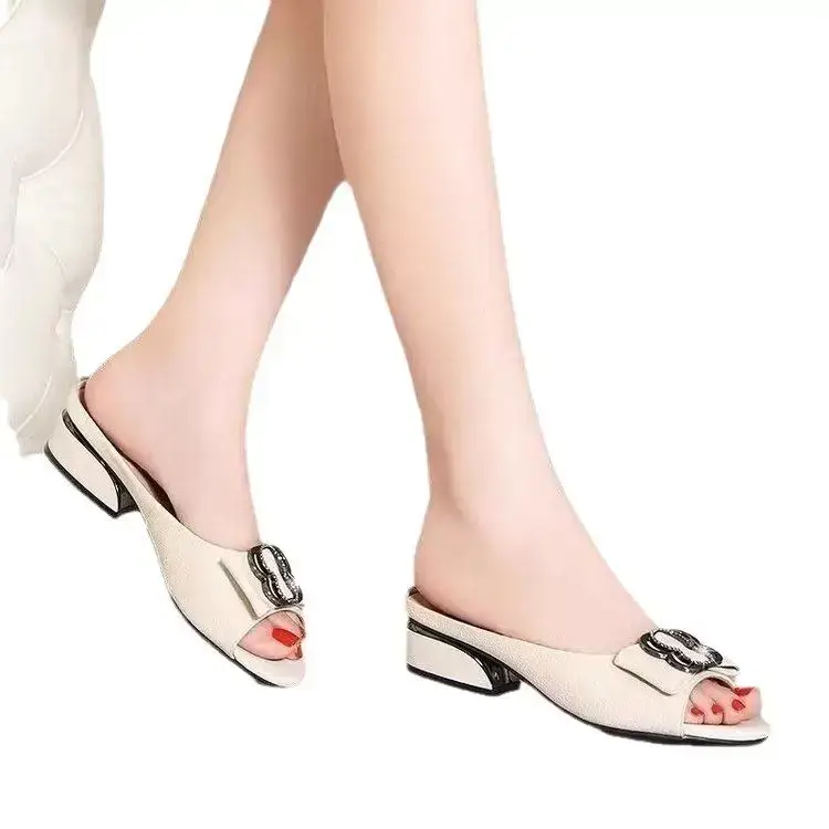 Women's Cream Low Heel Flat Sandals 2025