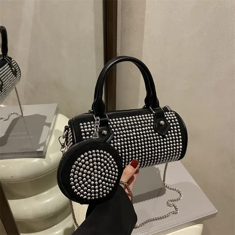 Trendy Full Diamond Rhinestone Texted Cylinder Bag