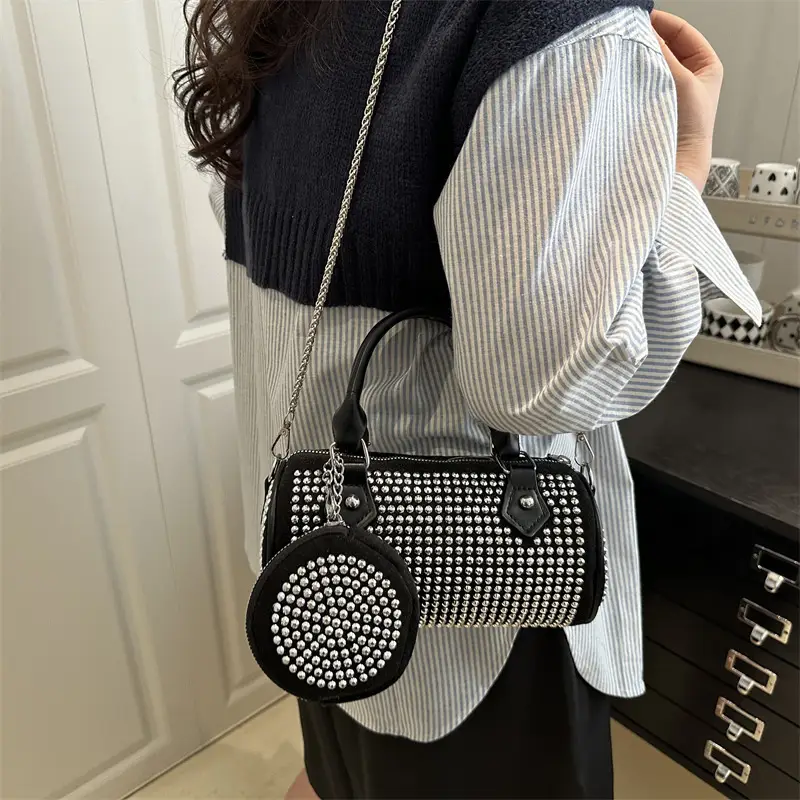 Trendy Full Diamond Rhinestone Texted Cylinder Bag