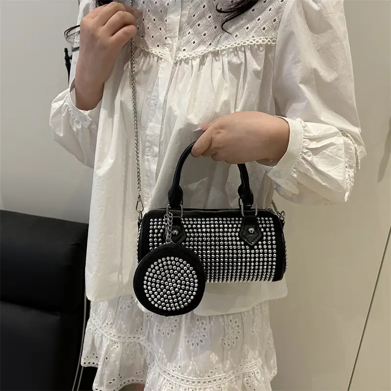 Trendy Full Diamond Rhinestone Texted Cylinder Bag