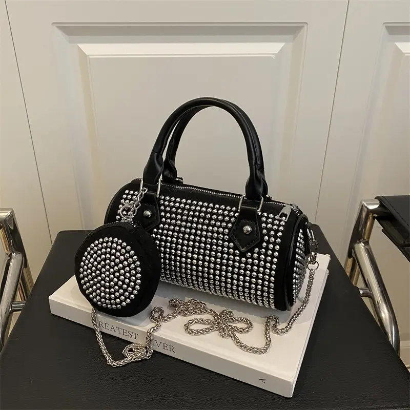 Trendy Full Diamond Rhinestone Texted Cylinder Bag
