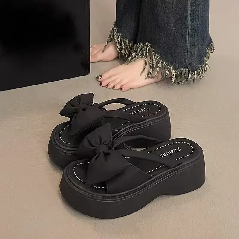 Bow Thick Bottom Increased 7CM Slippers Women's Summer Outer Wear Fashion Fairy Style 2025 New Style Slides