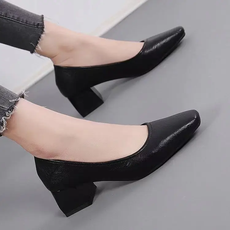 Women Leather Square Toe Heels Black 2025 - Image 4