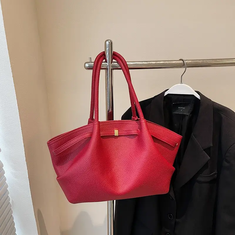 Red Leather Shoulder Bag with Logo Print for Women