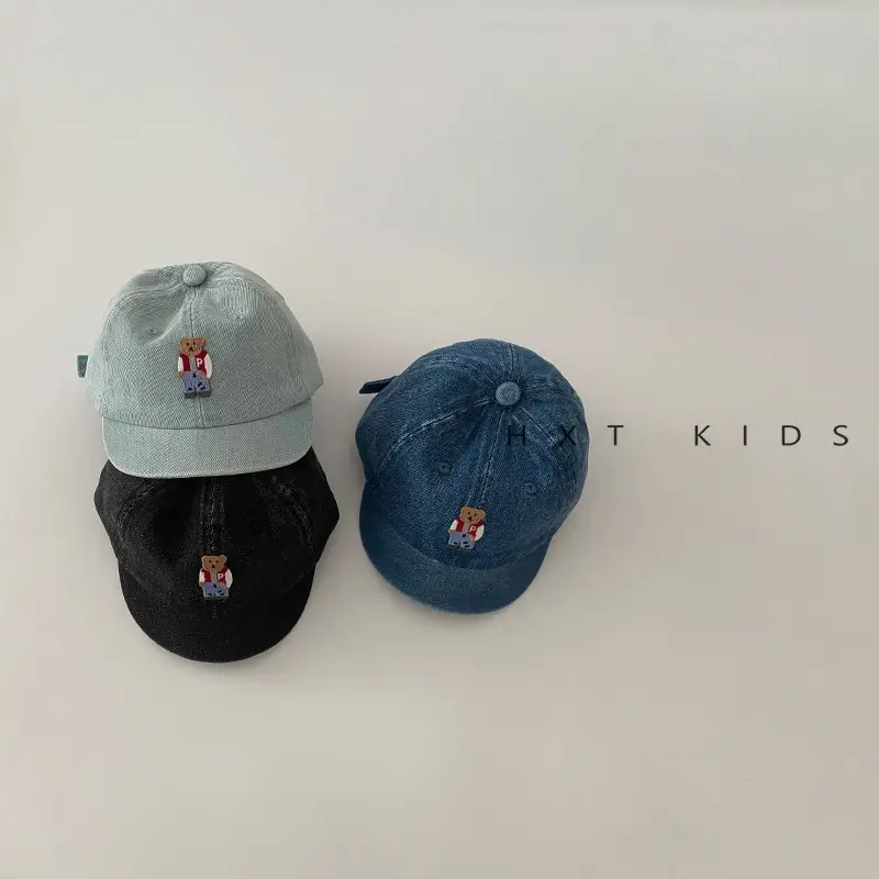 Baby Denim Cap with Bear Embroidery Washable Soft Top Hat - Image 5