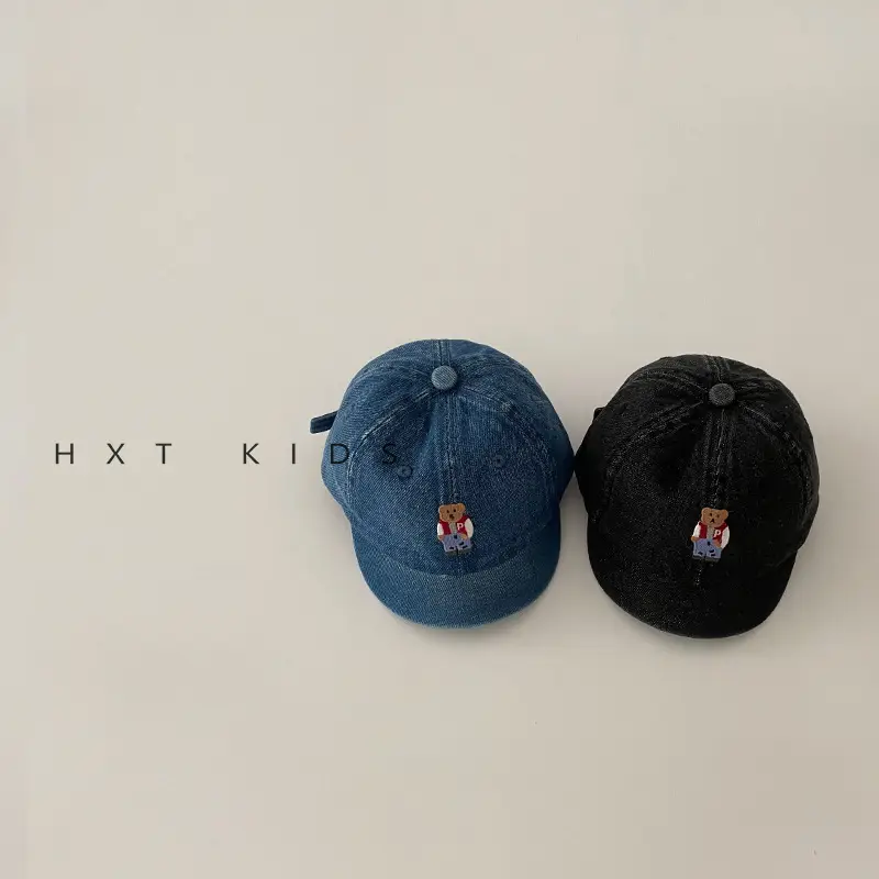 Baby Denim Cap with Bear Embroidery Washable Soft Top Hat - Image 7