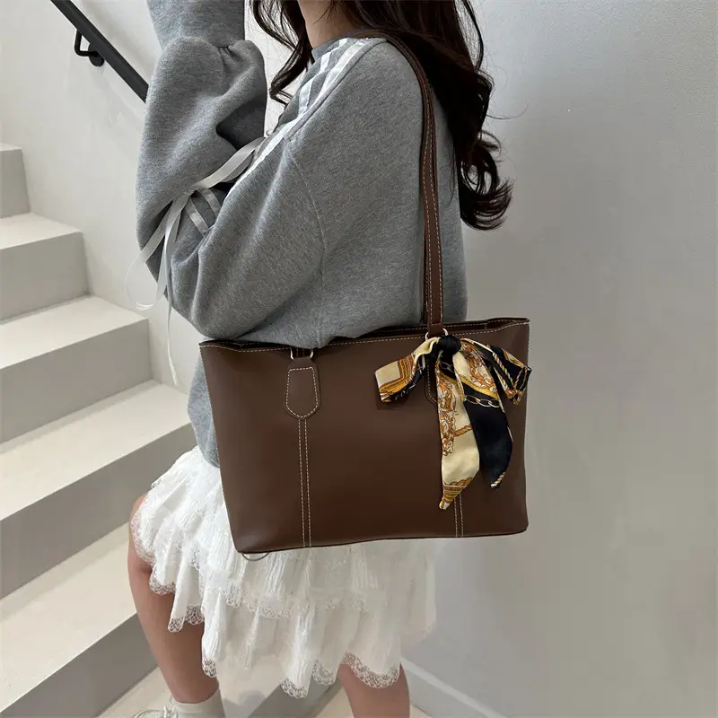 Women's Brown Leather Shoulder Bag with Silk Bow - Image 8