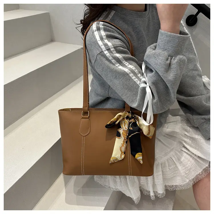 Women's Brown Leather Shoulder Bag with Silk Bow — feature 10