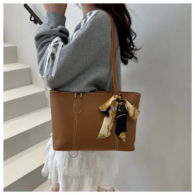 Women's Brown Leather Shoulder Bag with Silk Bow — feature 11