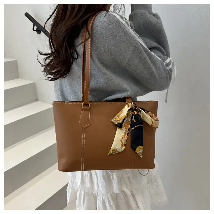 Women's Brown Leather Shoulder Bag with Silk Bow — feature 12