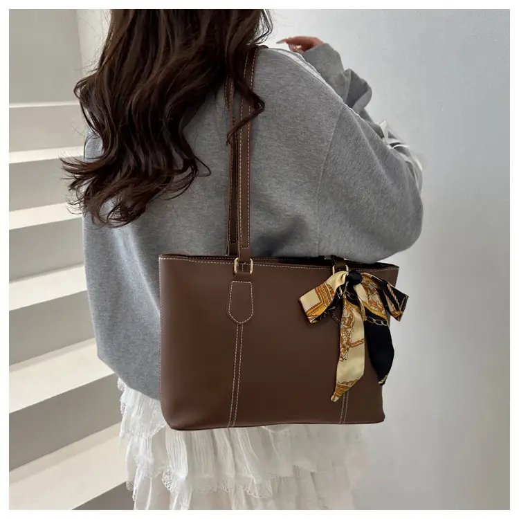 Women's Brown Leather Shoulder Bag with Silk Bow — feature 15