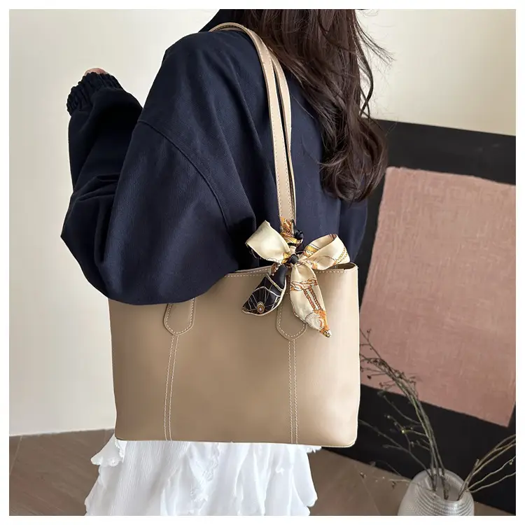Women's Brown Leather Shoulder Bag with Silk Bow — feature 7