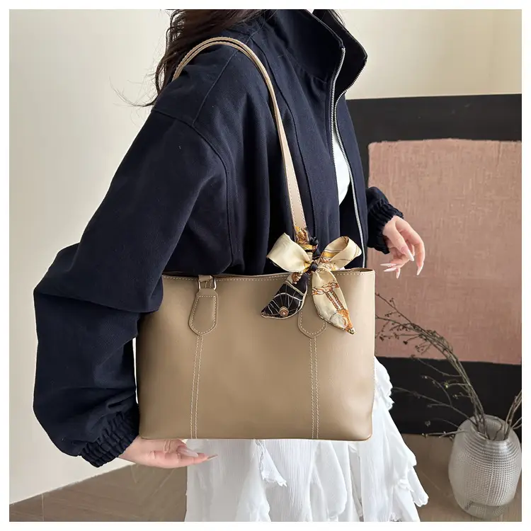 Women's Brown Leather Shoulder Bag with Silk Bow — feature 8