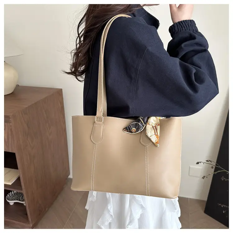 Women's Brown Leather Shoulder Bag with Silk Bow — feature 9