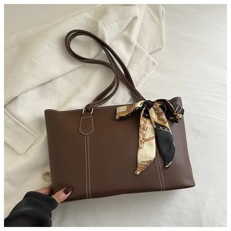 Women's Brown Leather Shoulder Bag with Silk Bow - Image 3