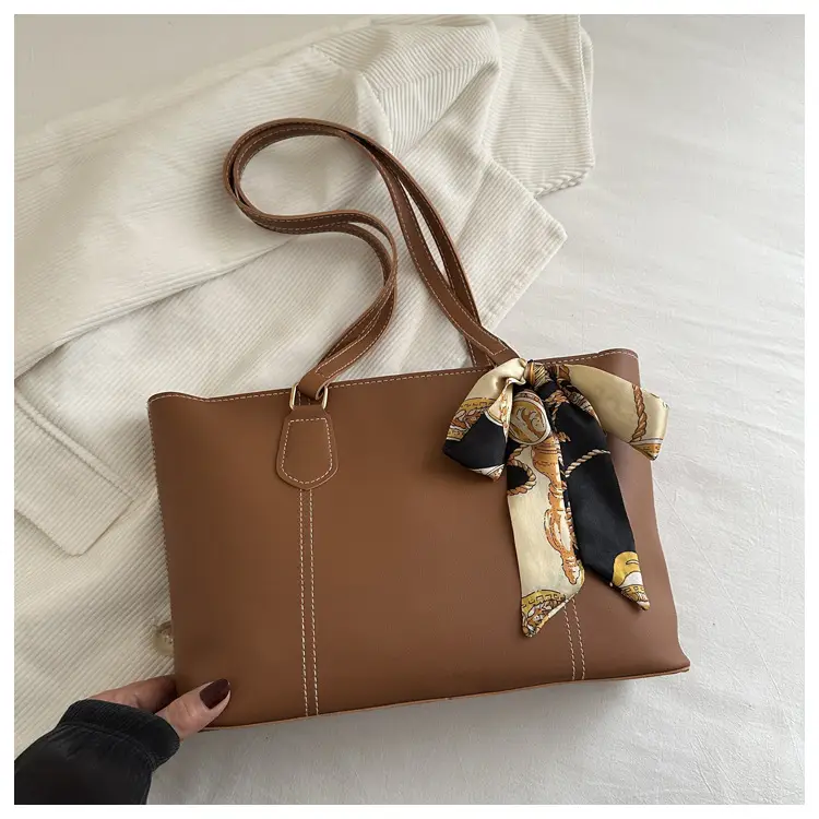 Women's Brown Leather Shoulder Bag with Silk Bow - Image 4