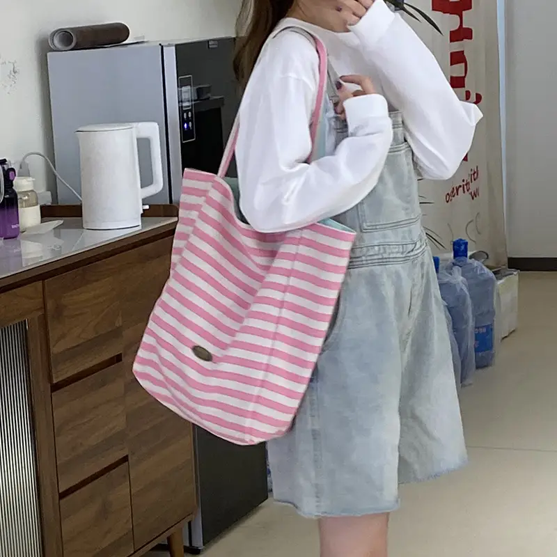 Striped Canvas Tote Bag 2024 New Korean Style - Image 4