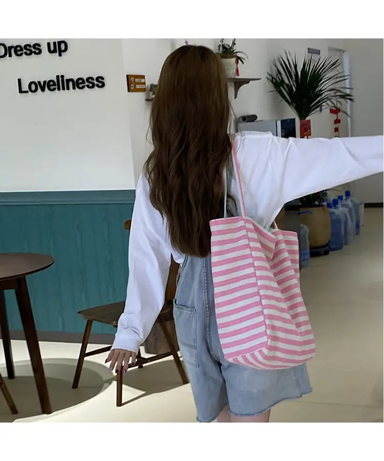 Striped Canvas Tote Bag 2024 New Korean Style — feature 17