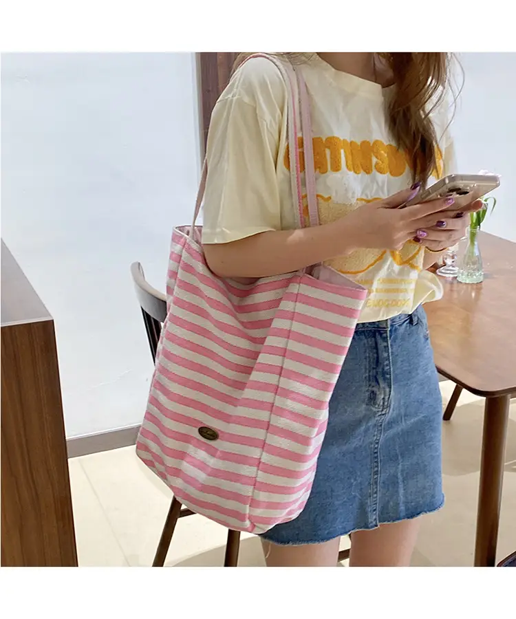 Striped Canvas Tote Bag 2024 New Korean Style — feature 31