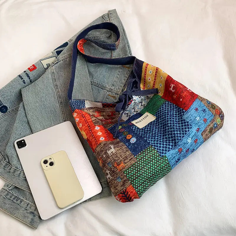 Ethnic Patchwork Shoulder Bag Large Capacity Double Sided Denim - Image 4
