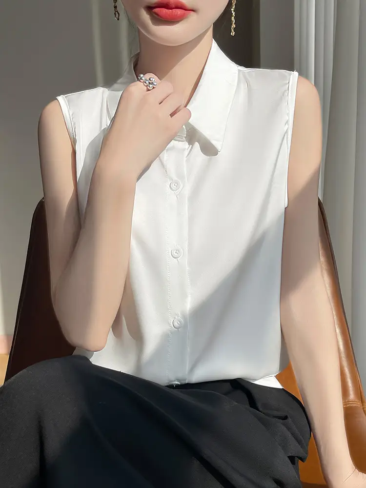 2025 Summer Women Sleeveless Satin Polo Collar Vest - Image 5