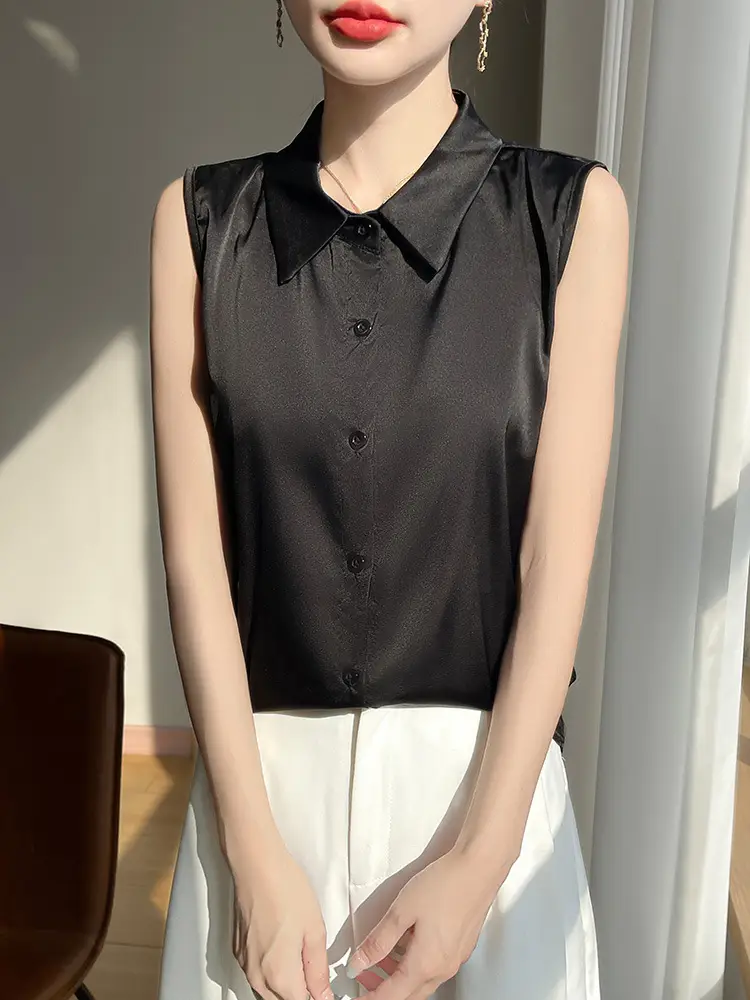 2025 Summer Women Sleeveless Satin Polo Collar Vest - Image 6