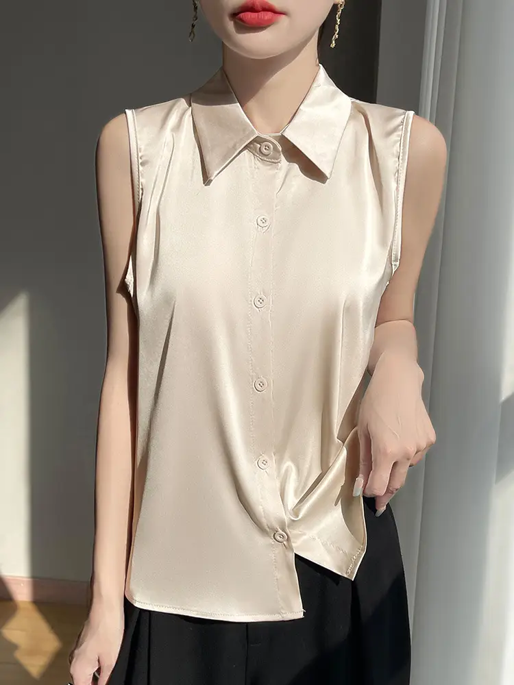 2025 Summer Women Sleeveless Satin Polo Collar Vest - Image 7