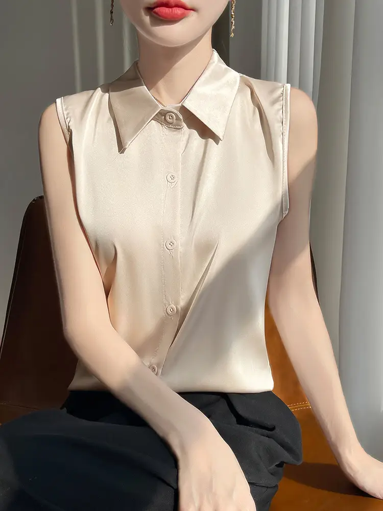 2025 Summer Women Sleeveless Satin Polo Collar Vest - Image 8