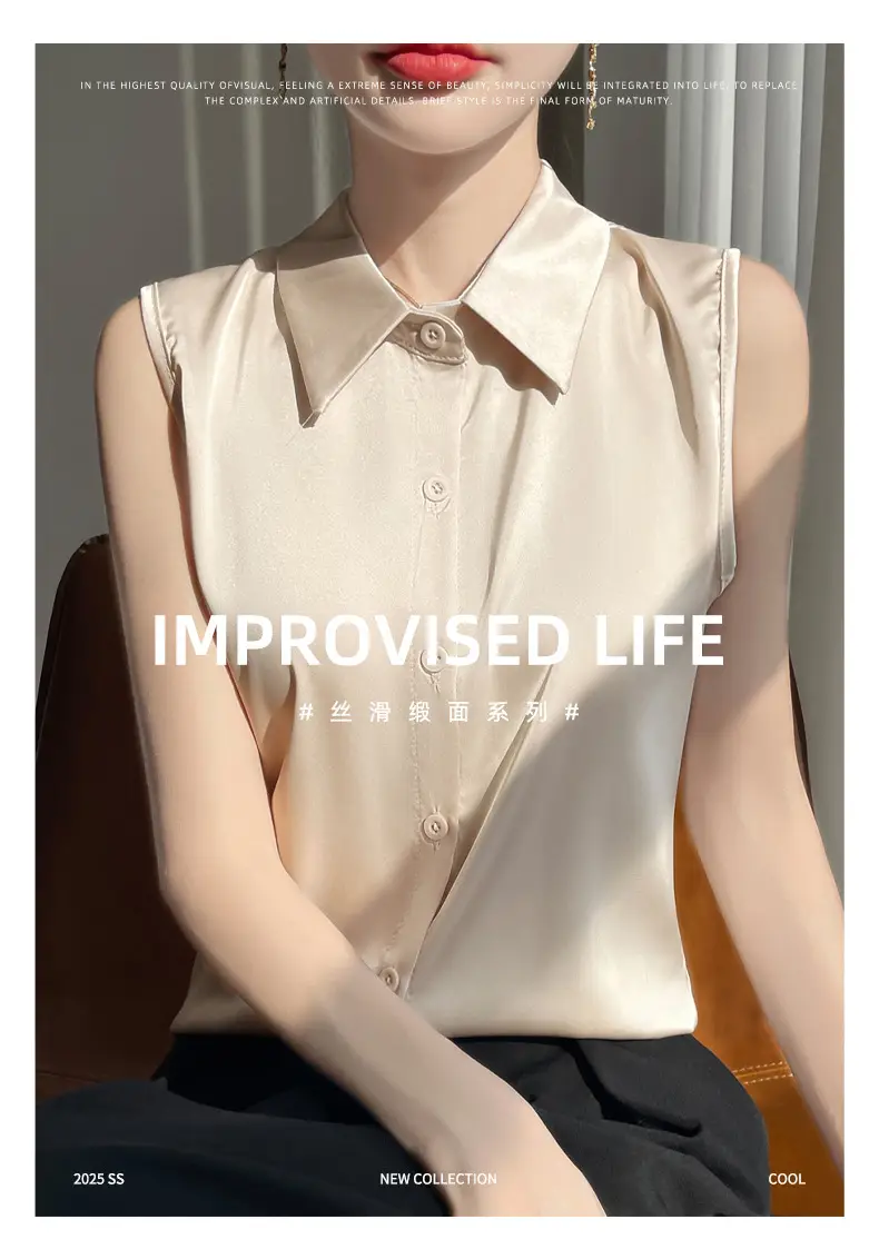 2025 Summer Women Sleeveless Satin Polo Collar Vest — feature 1