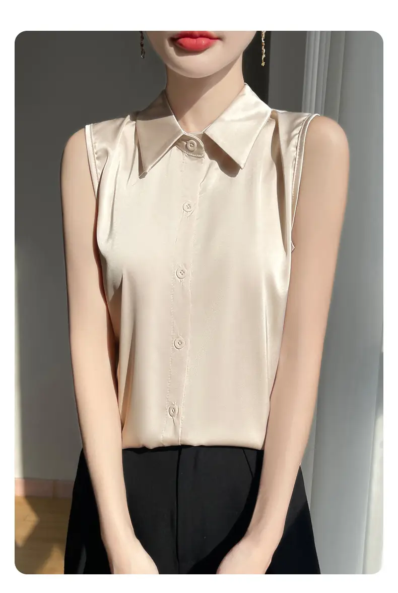 2025 Summer Women Sleeveless Satin Polo Collar Vest — feature 19