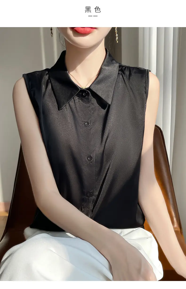 2025 Summer Women Sleeveless Satin Polo Collar Vest — feature 20