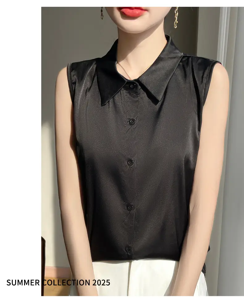 2025 Summer Women Sleeveless Satin Polo Collar Vest — feature 21