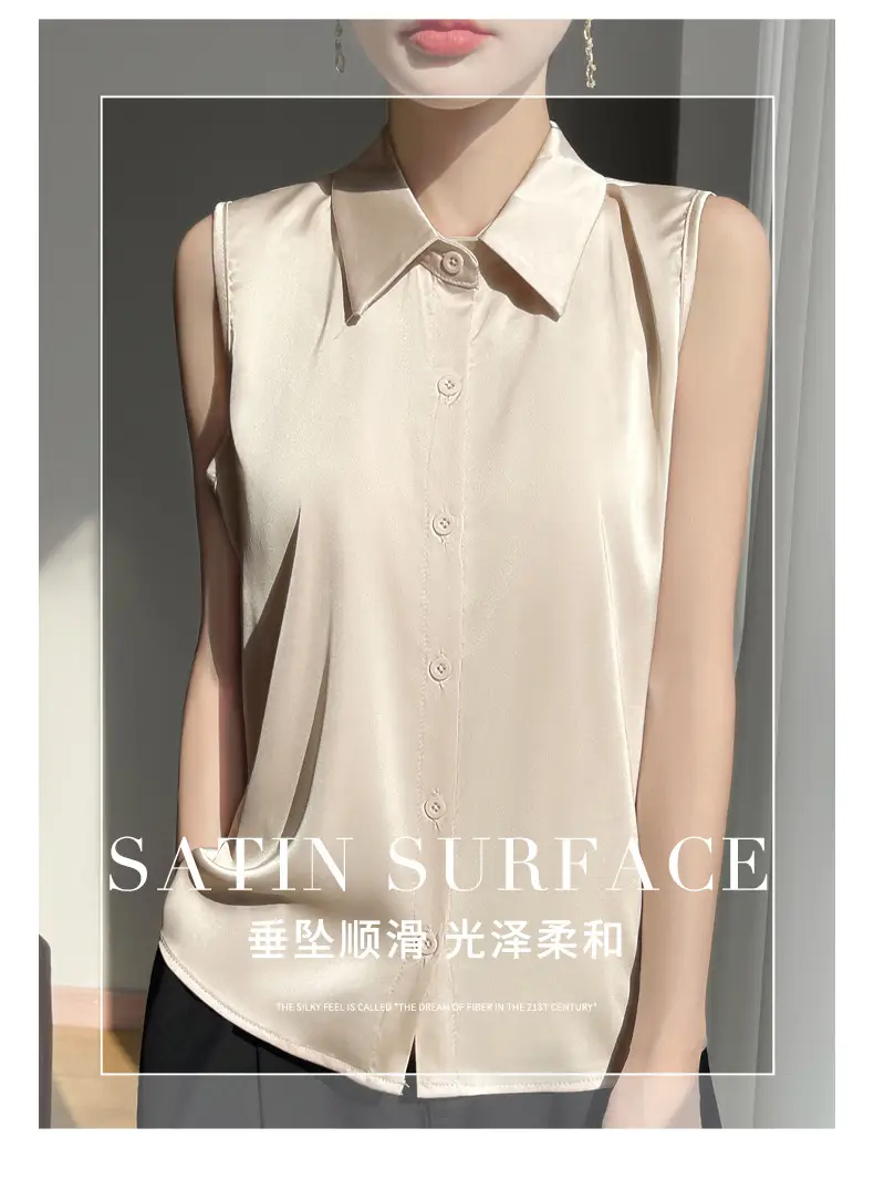 2025 Summer Women Sleeveless Satin Polo Collar Vest — feature 6