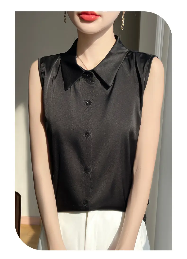 2025 Summer Women Sleeveless Satin Polo Collar Vest — feature 8