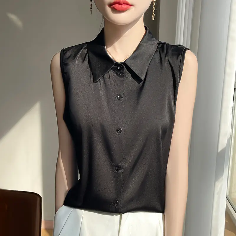 2025 Summer Women Sleeveless Satin Polo Collar Vest - Image 2